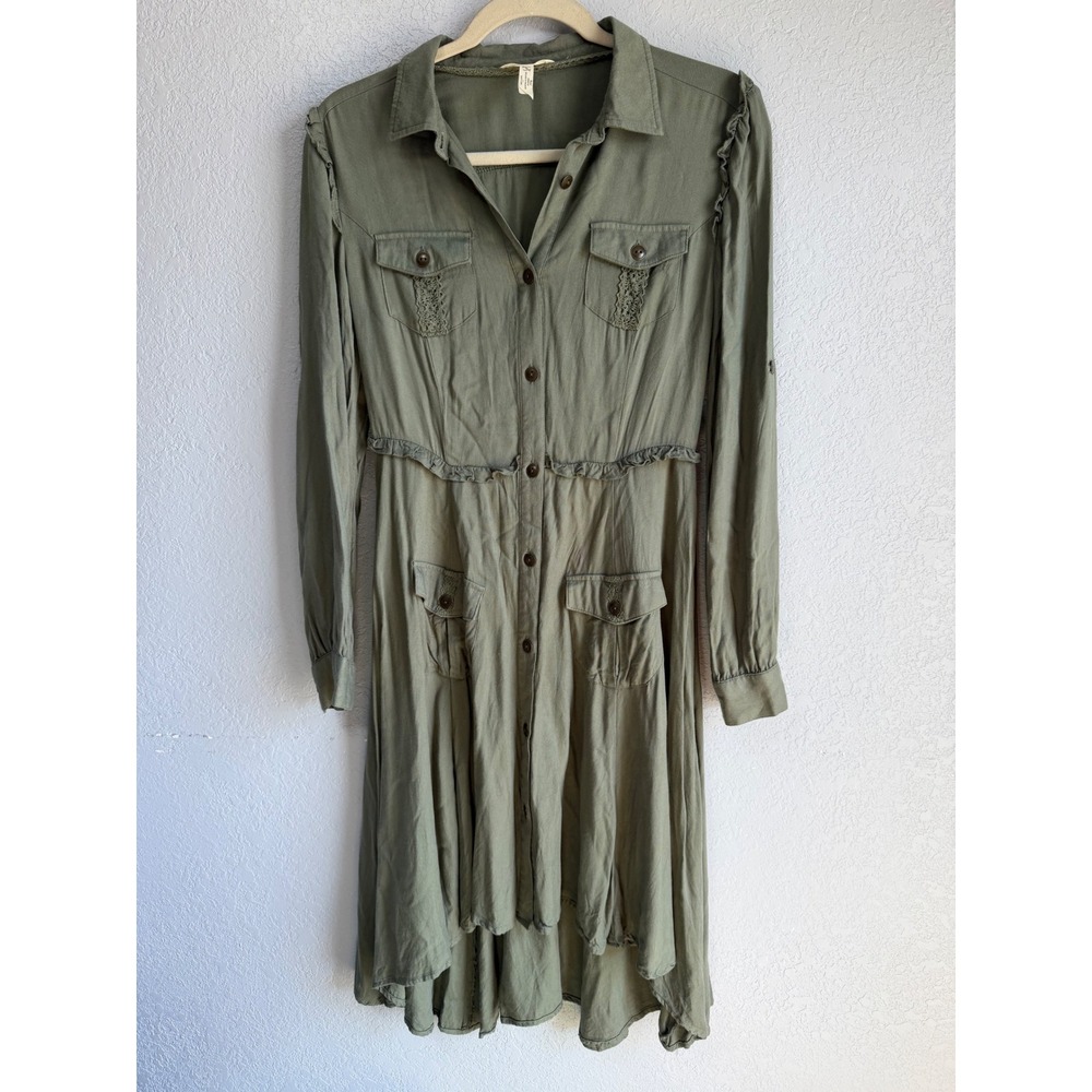 Matilda Jane Olive Green Ruffle Utility Shirt Dress Rayon Lace Accent Small